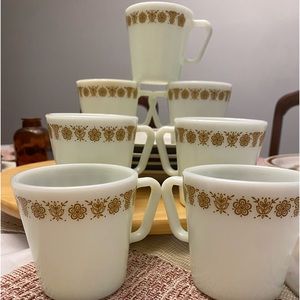 Vintage Pyrex Milkglass Mugs. Butterfly Gold Pattern. Collection of 7